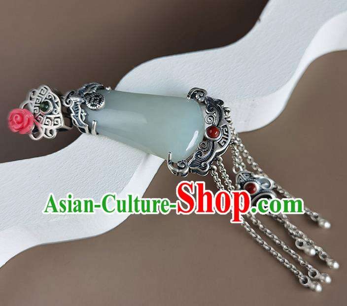 Chinese Classical Jade Brooch Handmade National Silver Tassel Breastpin Pendant Cheongsam Jewelry Accessories