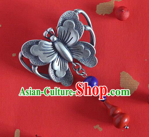 Chinese Handmade National Silver Butterfly Breastpin Pendant Cheongsam Jewelry Accessories Classical Red Gourd Brooch