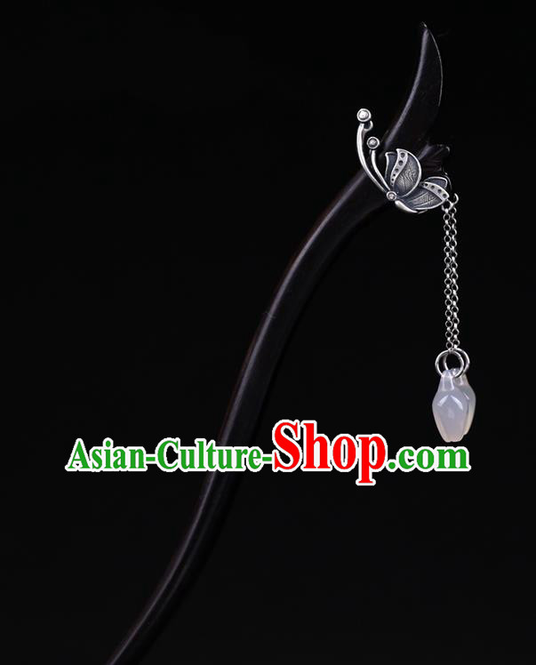 China National Silver Butterfly Ebony Hairpin Handmade Hair Jewelry Accessories Traditional Cheongsam Jade Magnolia Tassel Hair Stick