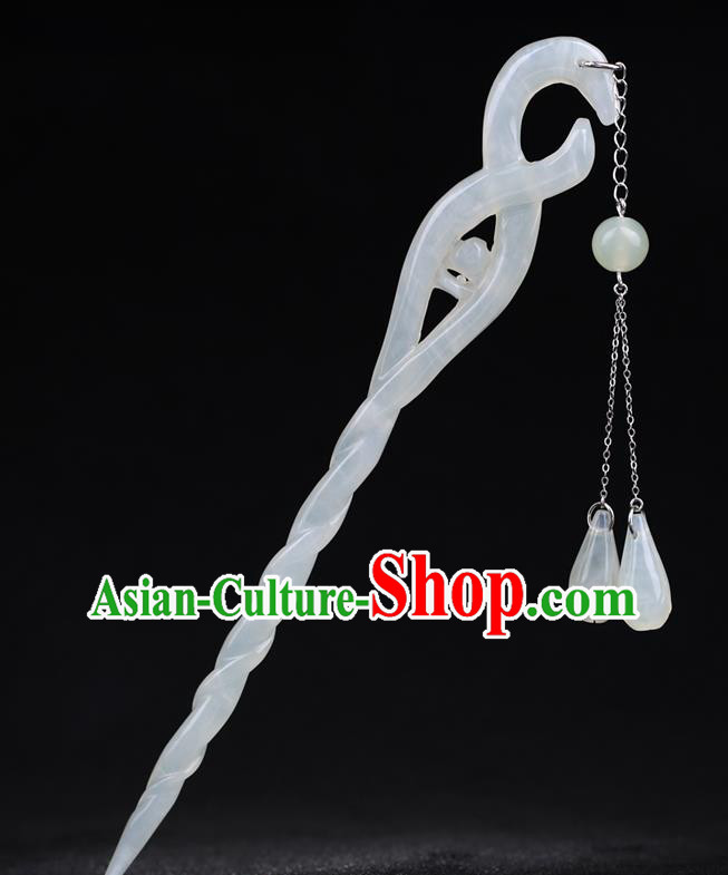 China National White Jade Tassel Ebony Hairpin Handmade Hair Jewelry Accessories Traditional Cheongsam Hair Stick