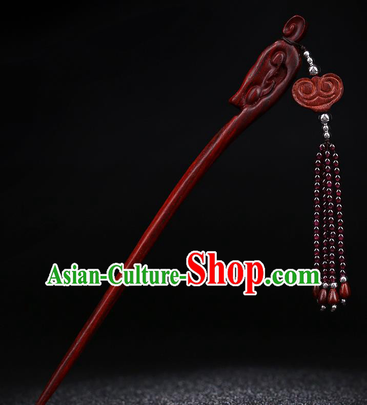 China National Rosewood Carving Hairpin Handmade Hair Jewelry Accessories Traditional Cheongsam Garnet Beads Tassel Hair Stick