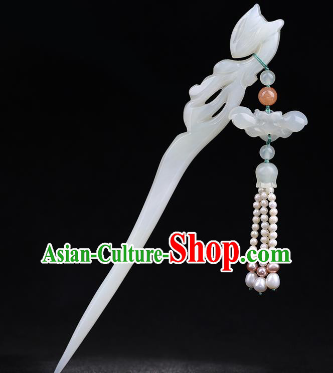China National Pearls Tassel Hairpin Handmade Hair Jewelry Accessories Traditional Cheongsam Jade Fox Hair Stick