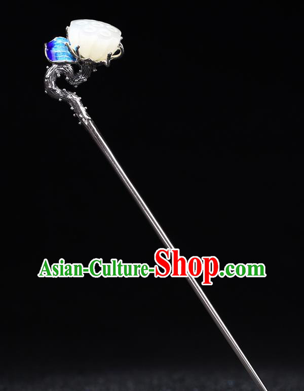 China National Cloisonne Silver Hairpin Handmade Hair Jewelry Accessories Traditional Cheongsam Jade Lotus Seedpod Hair Stick