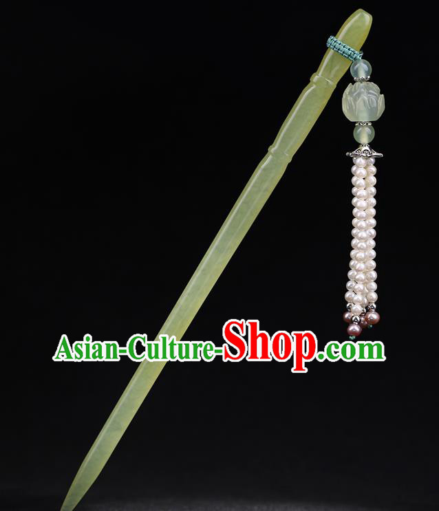 China National Jade Bamboo Hairpin Handmade Hair Jewelry Accessories Traditional Cheongsam Pearls Tassel Hair Clip