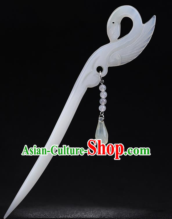 China National White Jade Swan Hairpin Handmade Hair Jewelry Accessories Traditional Cheongsam Tassel Hair Clip
