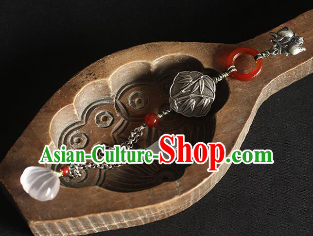 Chinese Handmade National Silver Carving Bamboo Breastpin Pendant Cheongsam Jewelry Accessories Classical Jade Magnolia Tassel Brooch