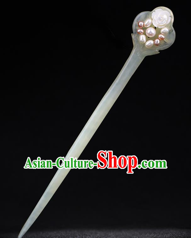 China National Pearls Shell Rose Hairpin Handmade Hair Jewelry Accessories Traditional Cheongsam Jade Hair Clip