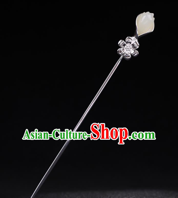China National Jade Magnolia Hairpin Handmade Hair Jewelry Accessories Traditional Cheongsam Silver Hair Clip