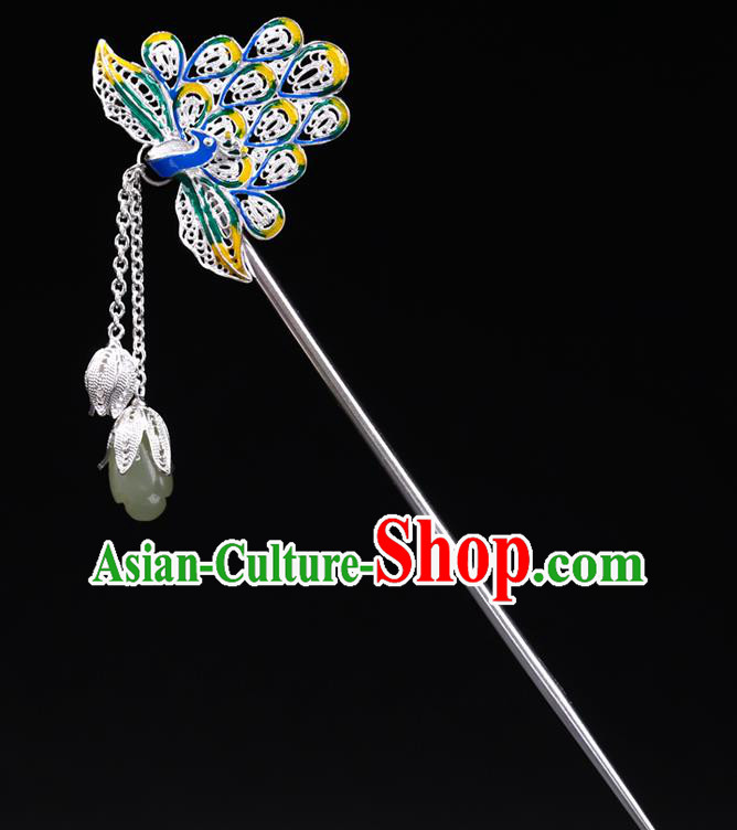 China National Cloisonne Peacock Hairpin Handmade Hair Jewelry Accessories Traditional Cheongsam Jade Magnolia Tassel Silver Hair Clip
