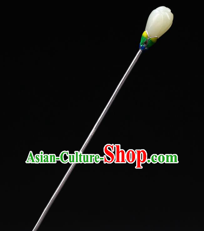 China National Enamel Silver Hairpin Handmade Hair Jewelry Accessories Traditional Cheongsam Jade Magnolia Hair Clip