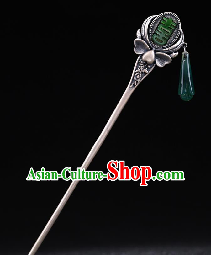 China National Wedding Silver Hairpin Handmade Hair Jewelry Accessories Traditional Cheongsam Green Jade Hair Clip