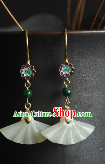 Handmade Chinese Classical Jade Fan Earrings Accessories Cheongsam Ear Jewelry Traditional Enamel Eardrop