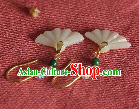 Handmade Chinese Classical Jade Fan Earrings Accessories Cheongsam Ear Jewelry Traditional Enamel Eardrop