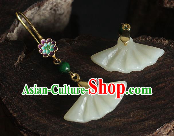 Handmade Chinese Classical Jade Fan Earrings Accessories Cheongsam Ear Jewelry Traditional Enamel Eardrop