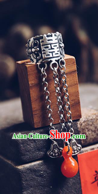 China Handmade Wedding Jewelry Accessories National Silver Ring Traditional Agate Gourd Tassel Circlet