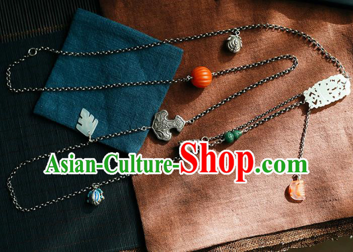 Chinese Handmade Ethnic Silver Necklet Classical Cheongsam Jewelry Accessories National Agate Pumpkin Necklace