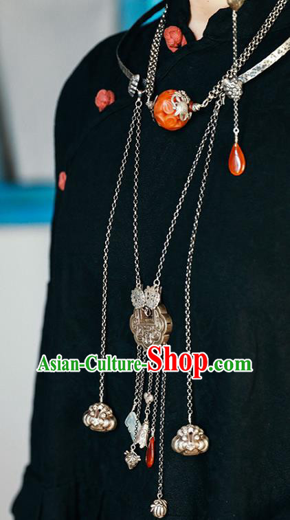 Chinese Handmade Classical Cheongsam Jewelry Accessories National Agate Necklace Ethnic Silver Tassel Necklet