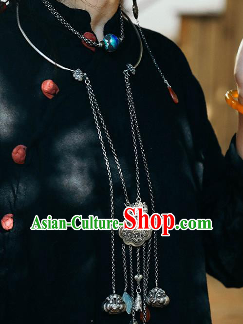Chinese Handmade National Silver Longevity Lock Necklace Classical Cheongsam Jewelry Accessories Ethnic Tassel Necklet