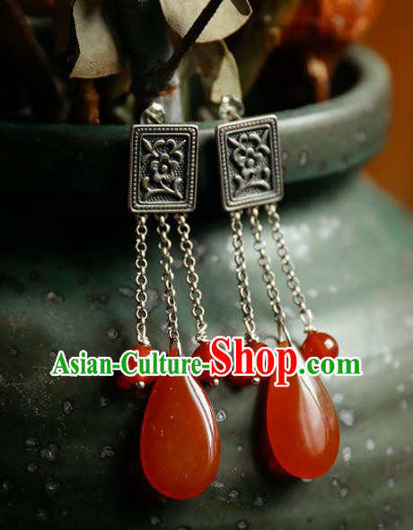 Handmade Chinese Traditional Wedding Silver Eardrop Classical Cheongsam Earrings Accessories Agate Ear Jewelry