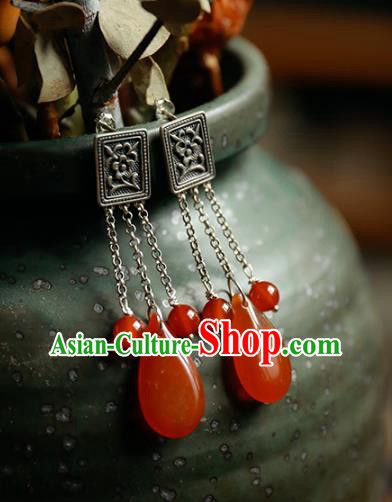 Handmade Chinese Traditional Wedding Silver Eardrop Classical Cheongsam Earrings Accessories Agate Ear Jewelry