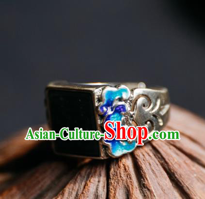 China Traditional Blueing Cloud Silver Circlet National Wedding Jade Ring Handmade Jewelry Accessories