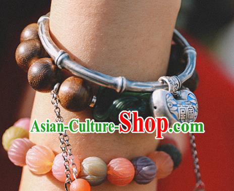 China Traditional Silver Bamboo Bracelet Accessories Classical Bangle Blueing Longevity Lock Wristlet Jewelry