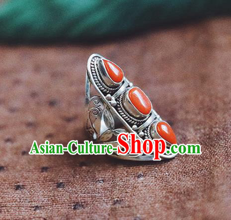 China Traditional Handmade Gems Jewelry Accessories Silver Circlet National Corallite Ring