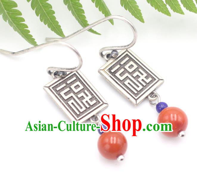 Handmade Chinese Ethnic Agate Ear Jewelry Classical Earrings Accessories Traditional Silver Eardrop