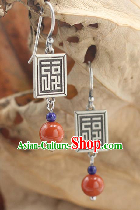 Handmade Chinese Ethnic Agate Ear Jewelry Classical Earrings Accessories Traditional Silver Eardrop