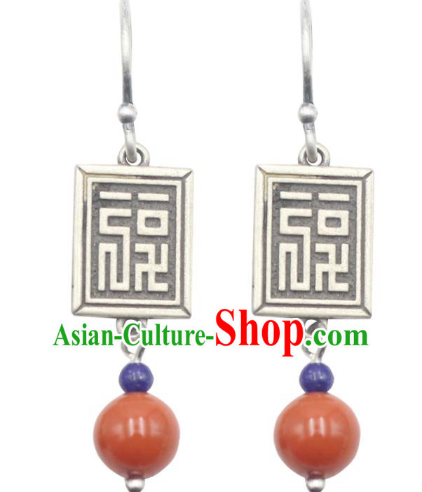 Handmade Chinese Ethnic Agate Ear Jewelry Classical Earrings Accessories Traditional Silver Eardrop