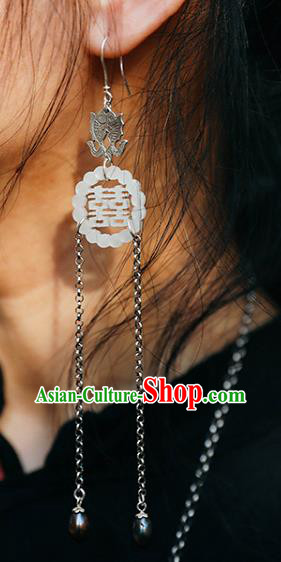 Handmade Chinese Traditional Silver Fishes Eardrop Classical Cheongsam Earrings Accessories White Jade Ear Jewelry