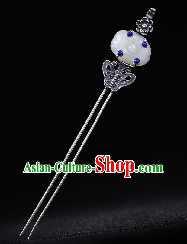 China National Lapis Jade Hairpin Handmade Hair Jewelry Accessories Traditional Cheongsam Silver Carving Butterfly Hair Stick