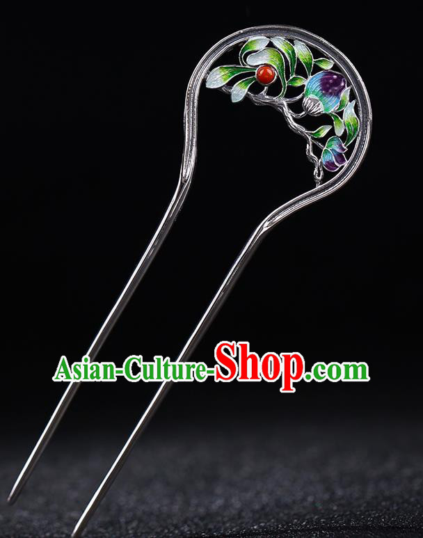 China National Silver Coral Hairpin Handmade Hair Jewelry Accessories Traditional Cheongsam Enamel Peony Hair Stick