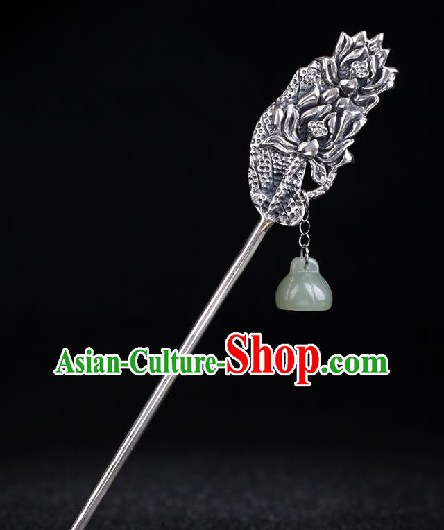 China National Jade Tassel Hairpin Handmade Hair Jewelry Accessories Traditional Cheongsam Silver Carving Lotus Hair Stick