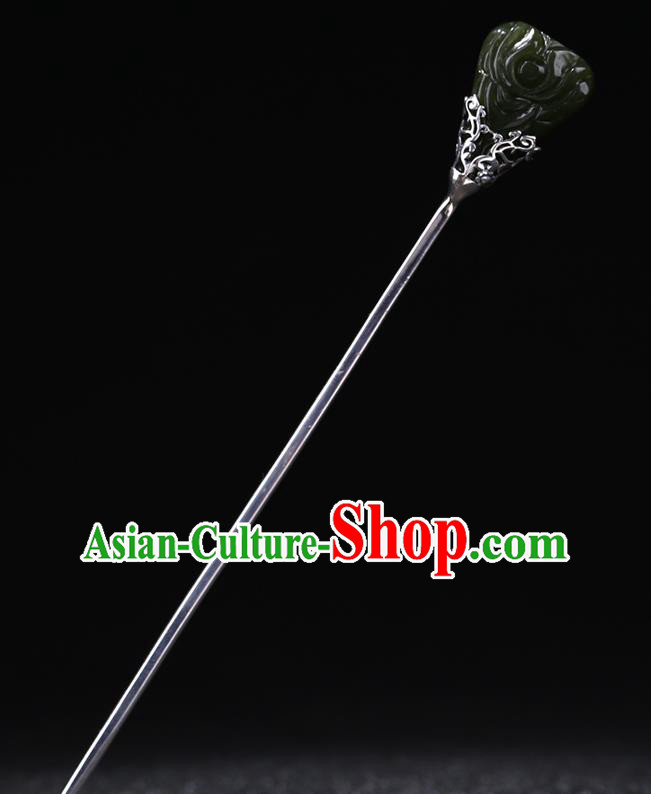 China National Jade Hairpin Handmade Hair Jewelry Accessories Traditional Cheongsam Carving Silver Hair Clip