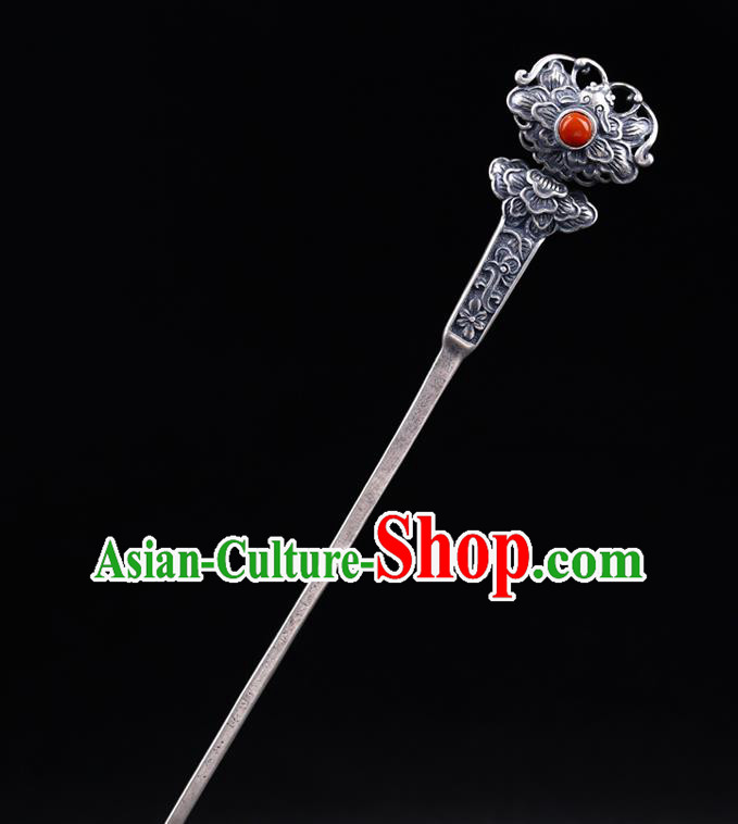 China National Corallite Hairpin Handmade Hair Jewelry Accessories Traditional Cheongsam Silver Carving Peony Hair Stick