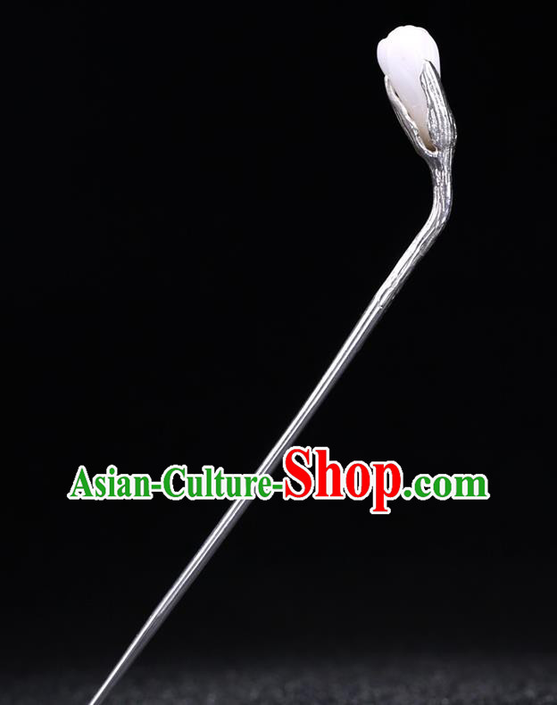 China National Silver Hairpin Handmade Hair Jewelry Accessories Traditional Cheongsam White Jade Mangnolia Hair Stick
