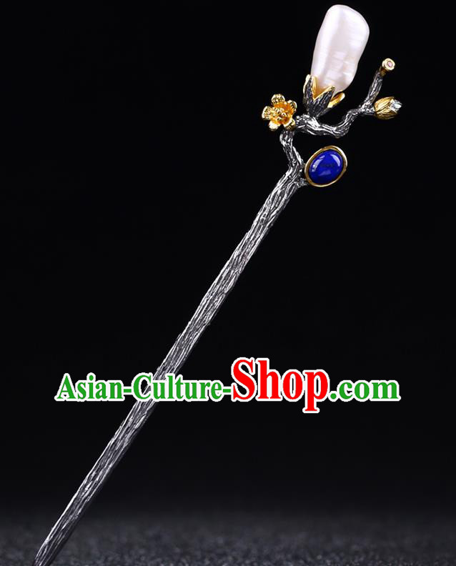 China National Silver Plum Blossom Hairpin Handmade Hair Jewelry Accessories Traditional Cheongsam Pearl Hair Stick