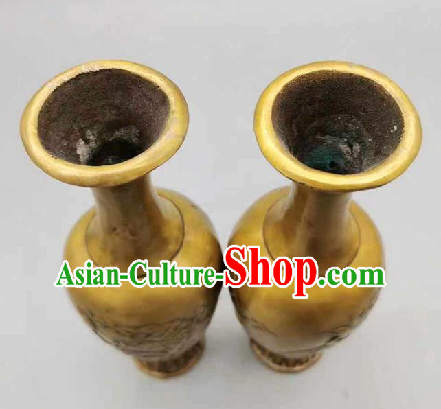 Handmade Chinese Brass Vase Accessories Carving Crane Flower Jardiniere Ornaments