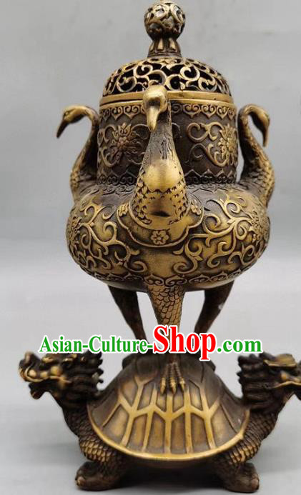 Handmade Chinese Carving Tortoise Crane Censer Ornaments Traditional Brass Incense Burner Accessories