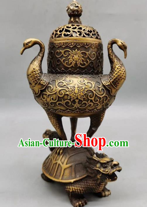 Handmade Chinese Carving Tortoise Crane Censer Ornaments Traditional Brass Incense Burner Accessories
