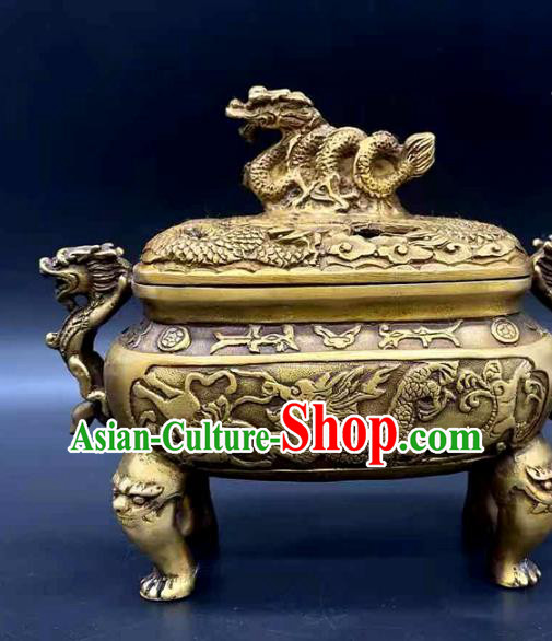 Handmade Chinese Carving Dragon Censer Ornaments Traditional Brass Incense Burner Accessories