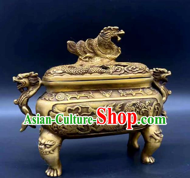 Handmade Chinese Carving Dragon Censer Ornaments Traditional Brass Incense Burner Accessories