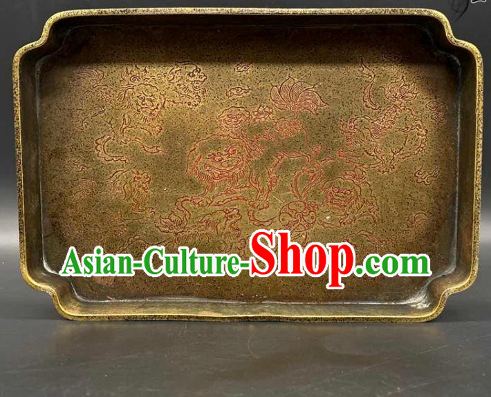 Handmade Chinese Carving Lion Tray Ornaments Traditional Brass Salver Accessories