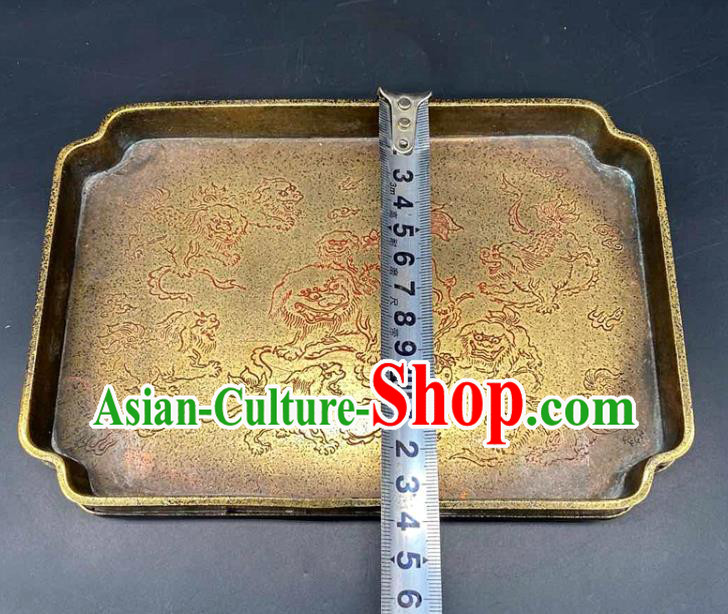 Handmade Chinese Carving Lion Tray Ornaments Traditional Brass Salver Accessories