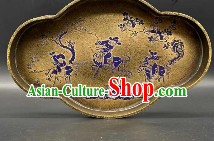 Handmade Chinese Traditional Brass Salver Accessories Lacquer Painting Tray Ornaments