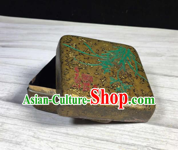 Handmade Chinese Painting Orchid Ink Box Ornaments Traditional Brass Craft Ink Pad