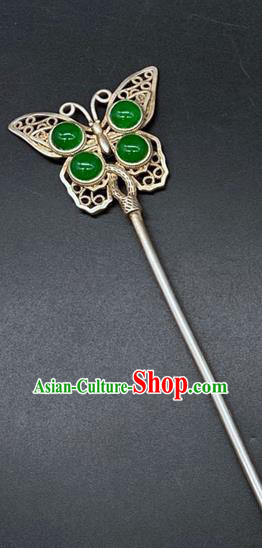 China Handmade Chrysoprase Hair Stick Traditional Hair Accessories Classical Silver Butterfly Hairpin
