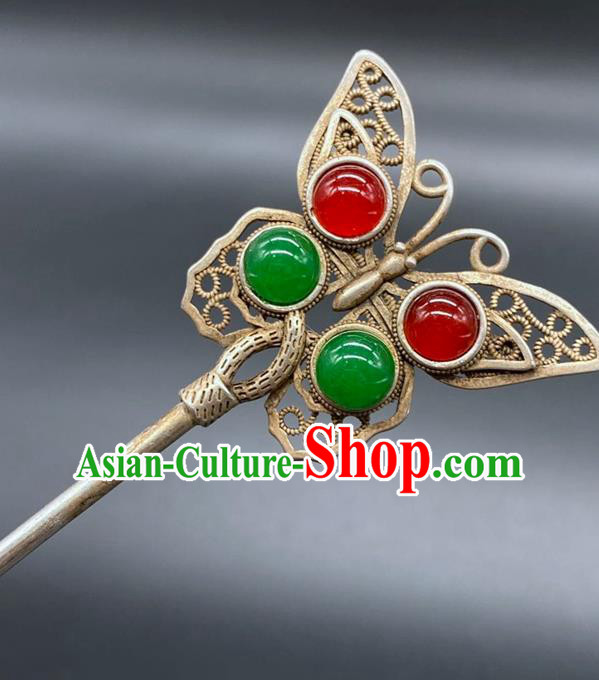 China Classical Silver Butterfly Hairpin Handmade Gems Hair Stick Traditional Hair Accessories