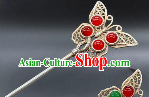 China Traditional Hair Accessories Classical Silver Butterfly Hairpin Handmade Agate Hair Stick